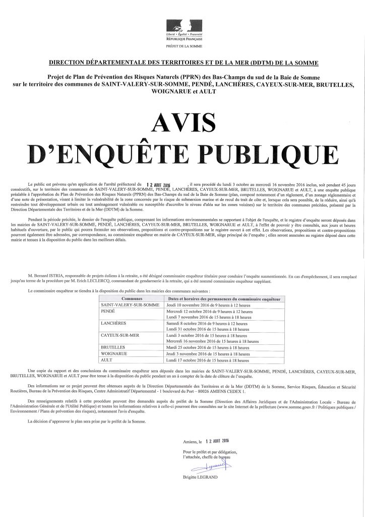 Avis d'enquête publique PPRN des bas-champs de Cayeux et de la baie sud